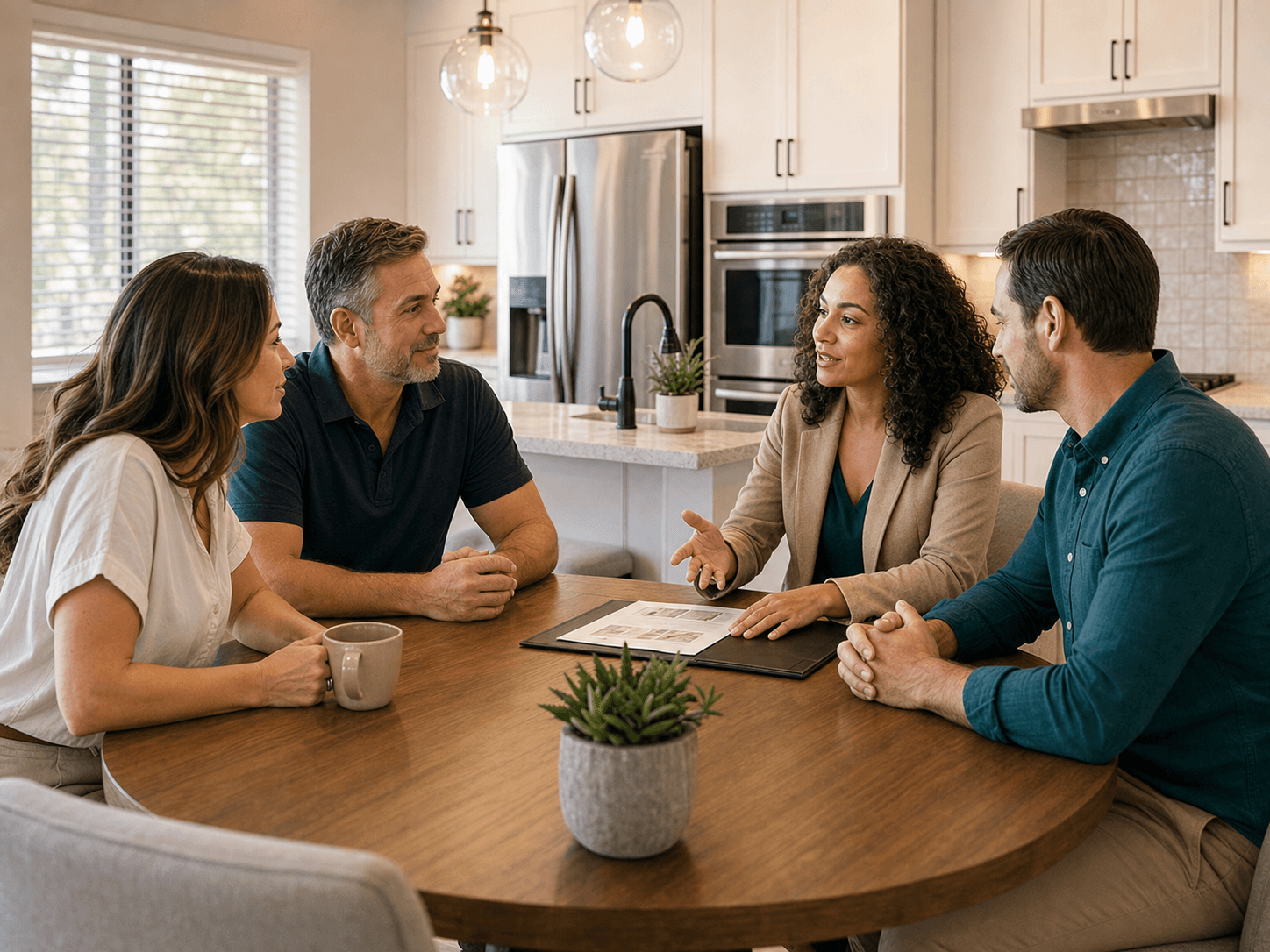 Local advisors discussing selling options with homeowners at their kitchen table